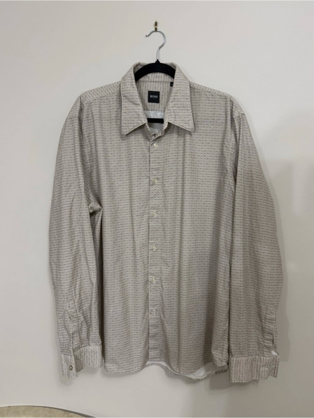 BOSS Hugo Boss Men’s XXL Geometric Print 100% Cotton Button-Up Shirt Beige
